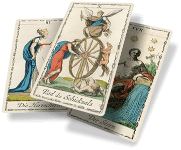Künstlerische Darstellungen der Arkana auf den Tarot-Karten des Lombardy Kartendecks!