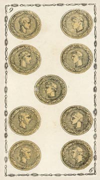 Die Neun der Münzen im Tarot of Lombardy